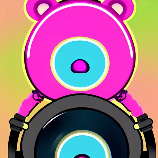 Image similar to iconic vector logo of cute cuddly pink bear with a podcast microphone, melodic, headphones, music, streaming, dreamy, isometric, adorable, octane render, golden ratio, 4k UHD, iconic design