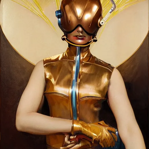 Image similar to closeup painting of uncannily beautiful aristocrat wearing latex and bronze catsuitand face paint inside bronze art deco arcology, science fiction by j. c. leyendecker and fritz lang and stefan prohaczka