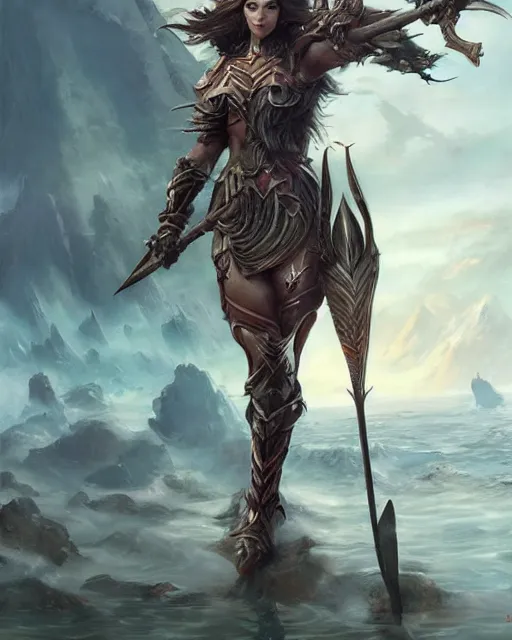 Image similar to game character beautiful sea dragon warrior woman with armor, long hair, holding trident, by Ruan Jia and Gil Elvgren, fullbody