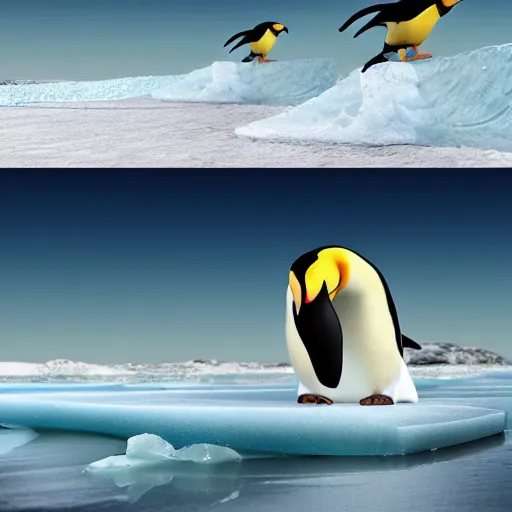 Prompt: emperor penguin surfing riding a big wave using an ice floe as surfboard, trending on artstation