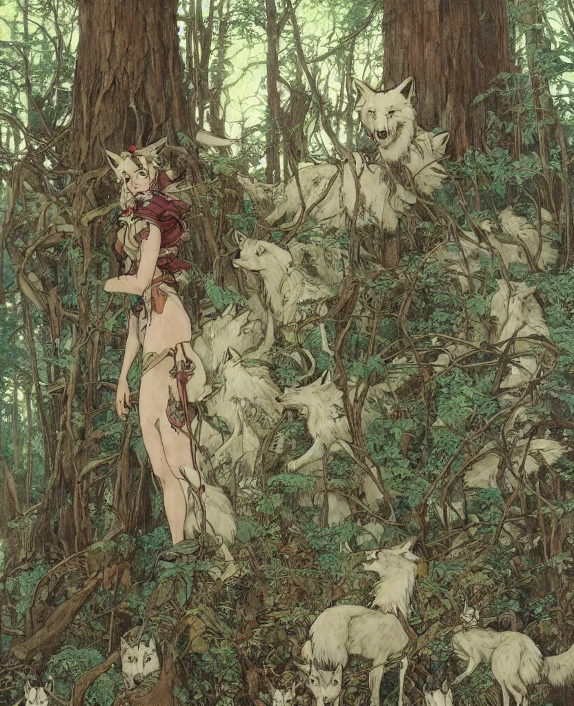 Prompt: Princess Mononoke, single figure, wolves, fully clothed in armor, lush fairy forest, neon, concept art, schematics, studio ghibli, gnarly trees, painted by norman rockwell, mucha, james gurney, high detail, denoised, sharp, architectural