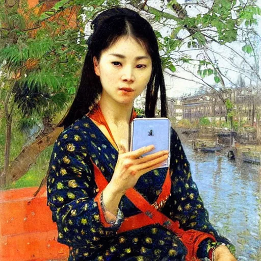 Image similar to portrait of asian beautiful woman with smartphone masterpiece painting by vasnetsov and surikov, JEAN-VICTOR BERTIN, by Terence Cuneo, detailed, t artfully traced