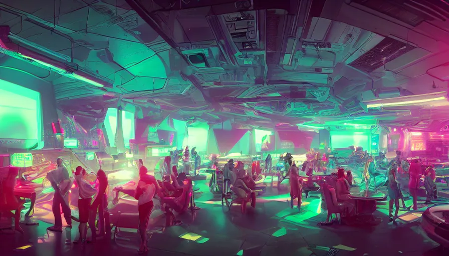 Prompt: cyberpank interior of music club, neon light, big speakers, people in futuristic wear, drone, digital art, fantasy, trending on artstation, professional illustration, cgsociety, ultra detailed, volumetric lighting, celshaded, colorful, panoramic