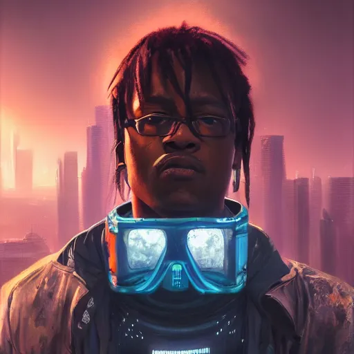 Image similar to cyberpunk, closeup portrait of a juice wrld, dramatic light, city background, sunset, dystopian setting, high contrast, sharp, neuromancer, henry dorsett case, painted by stanley lau, painted by greg rutkowski, painted by stanley artgerm, digital art, trending on artstation