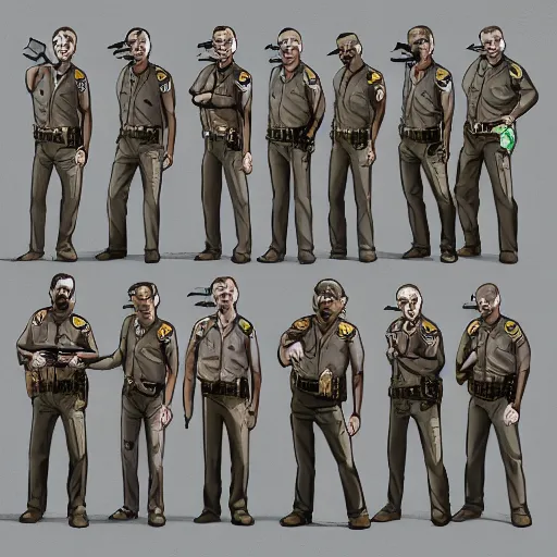 Prompt: zombie possessed sheriffs officers beige uniform and caps in brutalist concrete office trending on artstation high detail digital painting 4 k 8 k hd