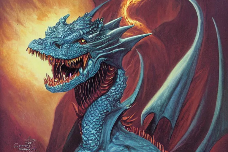 Image similar to 1979 Portrait of a draconic humanoid mage with a smiling handsome dragon head in fantasy style by Chris Rahn.