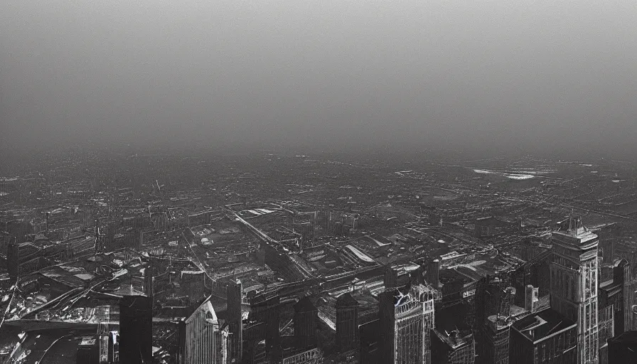 Prompt: art deco sports stadium on top of a skyscraper, Stacked city, Chicago, dark city, olympics event 1930's, moody lighting, cinematic, Road to Perdition stillframe, staring Jennifer Connely