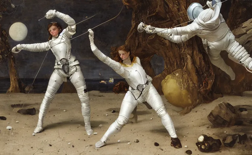 Image similar to a fencing match on the moon by edgar maxence and caravaggio and michael whelan and delacroix style, artistic, intricate painting, cinematic lighting, hyper realistic, extremely detailed, establishing shot, 8 k resolution, dramatic lighting