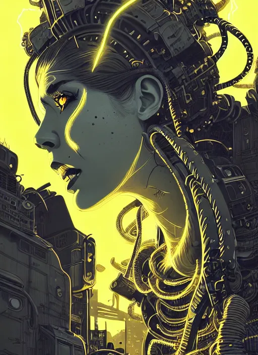 Image similar to highly detailed portrait of wasteland punk long curly bright yellow and white plasma electricity hair tribal lady, stray electric spark wiring by atey ghailan, james gilleard, by joe fenton, by greg rutkowski, by greg tocchini, by kaethe butcher, 4 k resolution, gradient yellow, black and white color scheme!!! ( ( lightning cloudy robotic dystopian city background ) )