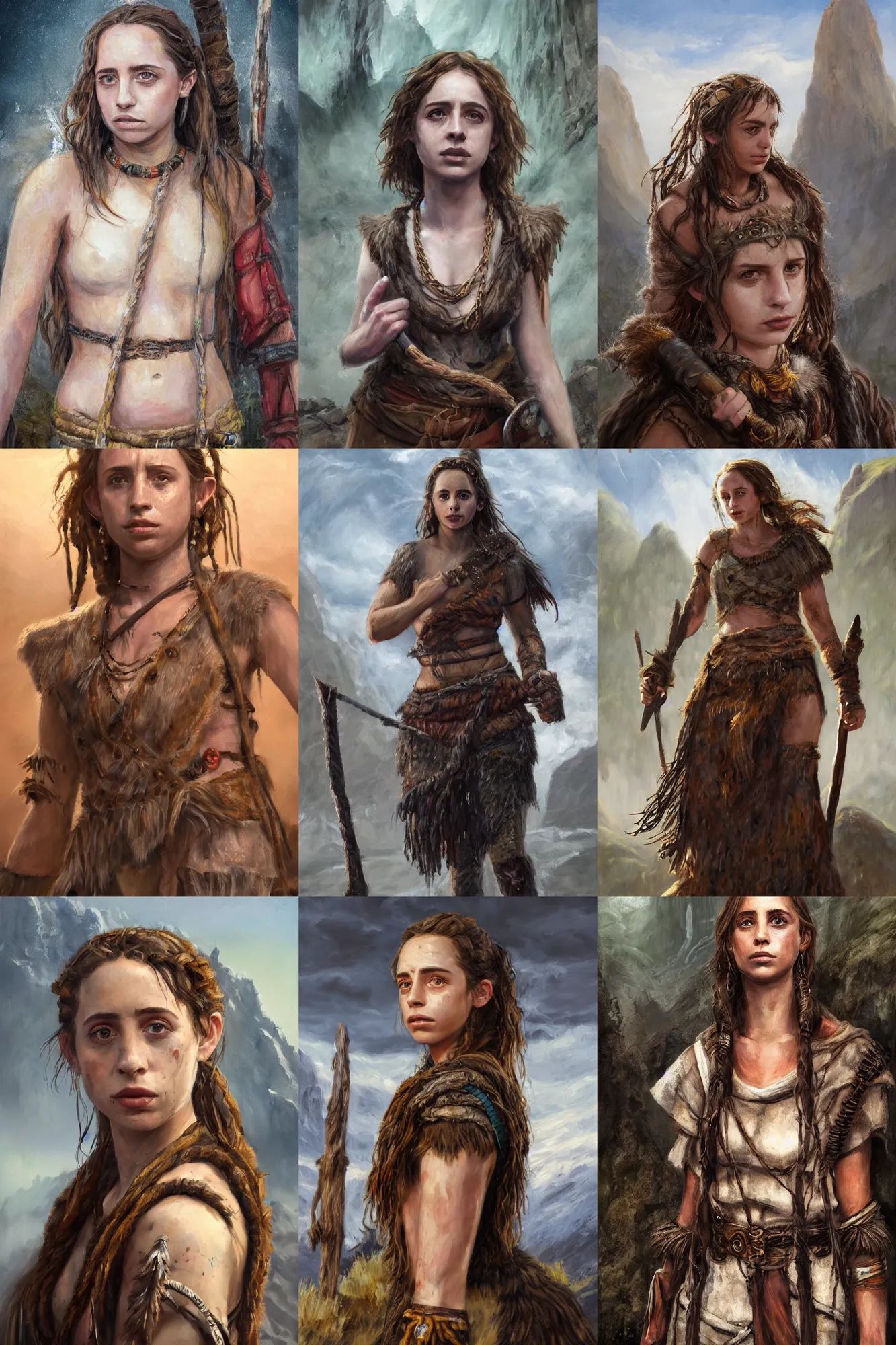 Prompt: a full body high detail fantasy portrait oil painting illustration of maya hawke as a rugged stoic barbarian woman by justin sweet with face and body clearly visible, in a scenic background, pupils visible, realistic proportions, d & d, rpg, forgotten realms, artstation trending, high quality, sombre mood, artstation trending, muted colours, entire person visible!, natural light,