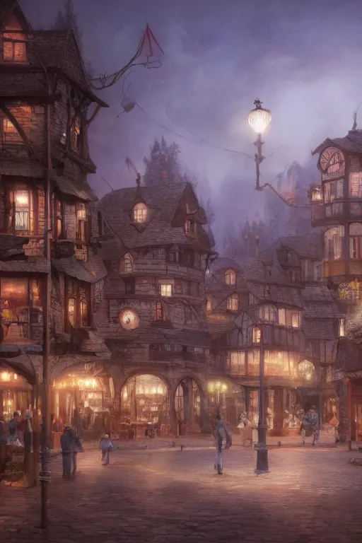 Image similar to Bree town square in the evening, detailed matte painting, cinematic, Alan Lee, Artstation