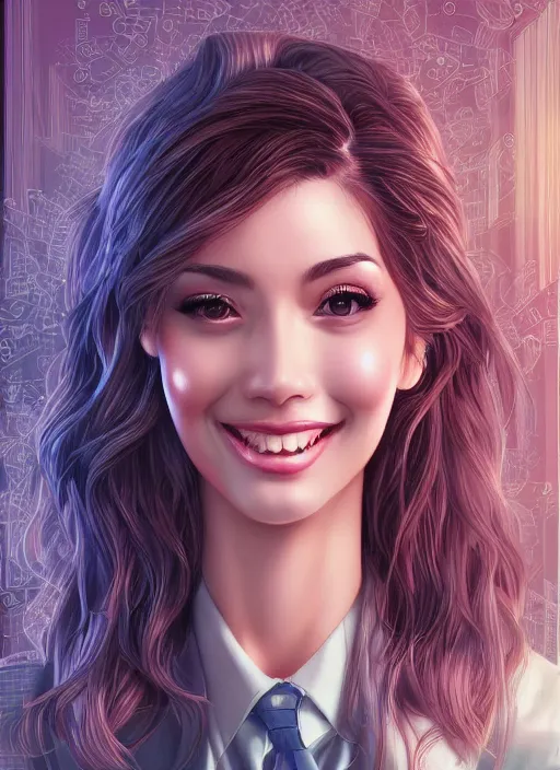 Image similar to beautiful, secretary woman, extremely detailed gorgeous face, looks realistic, hyper-detailed portrait, happy smile, vaporwave aesthetic, synthwave, magical, fantasy, ninchaku , artist Artgerm i and WLOP