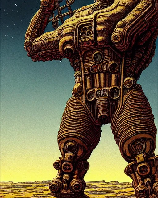 Image similar to portrait giant colossus humanoid with his fist up, brown armor, background ancient alien landscape, low angle, close up, concept art, intricate details, highly detailed, vintage sci - fi poster, retro future, vintage sci - fi art, in the style of chris foss, rodger dean, moebius, michael whelan, and gustave dore