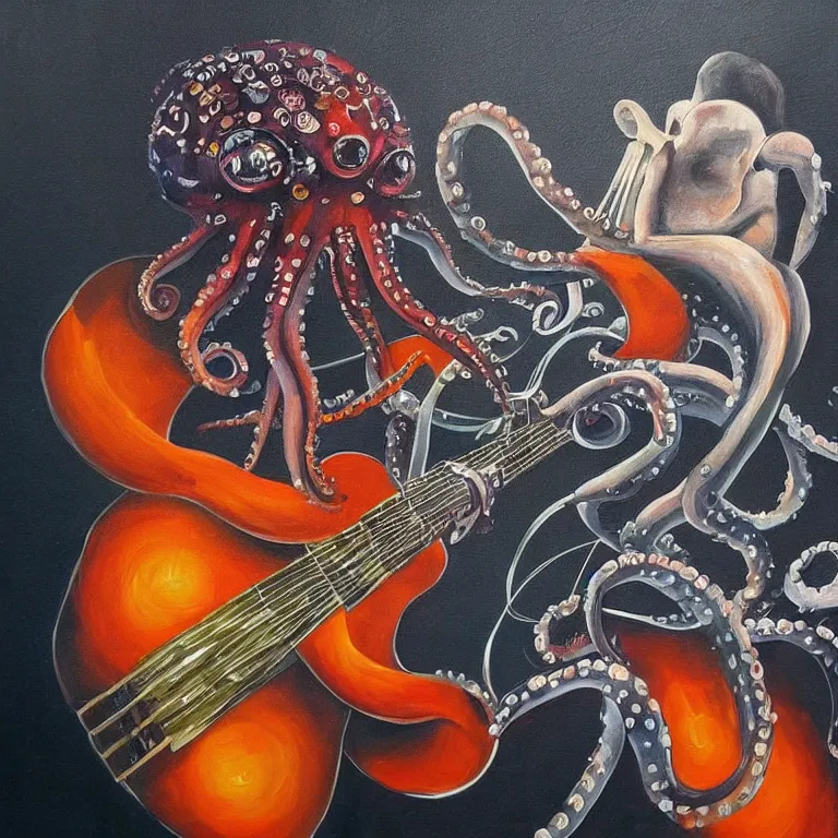 Prompt: a beautiful painting by zeen chin of an octopus playing drums and telecaster guitar in an electronic concert, dark background, concert light, dark mood, warm lights