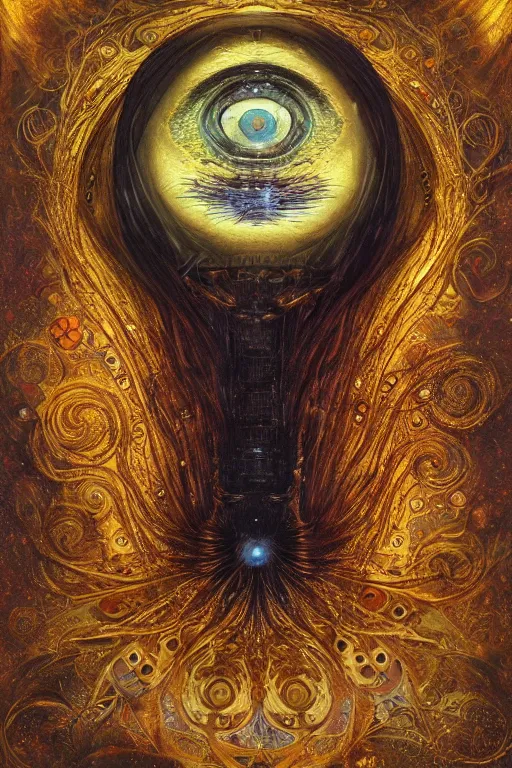 Image similar to Intermittent Chance of Chaos Muse by Karol Bak, Jean Deville, Gustav Klimt, and Vincent Van Gogh, enigma, destiny, fate, unearthly gears, otherworldly, fractal structures, arcane, prophecy, ornate gilded medieval icon, third eye, spirals