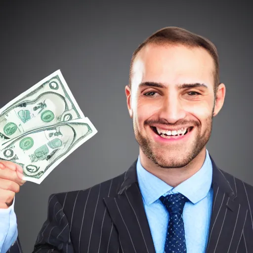 Prompt: happy man in a suit with machine that throws money