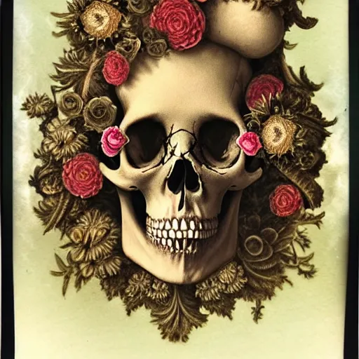 Image similar to a beautiful detailed front view rococo portrait of a rotten woman corpse becoming almost a skull with fractal plants and fractal flowers and mushrooms growing around, intricate, ornate, volumetric light, beautiful lit, polaroid photography, the northman