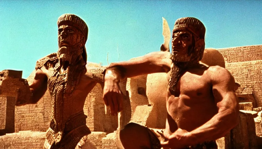 Image similar to dramatic movie stills by pasolini of javier bardem as gilgamesh sumerian king at a ziggurat, sumerian epic movie with sumerian monsters, fights, cinestill 8 0 0 t eastmancolor technicolor, high quality, very detailed, heavy grain, fine facial features, 8 k, octane render