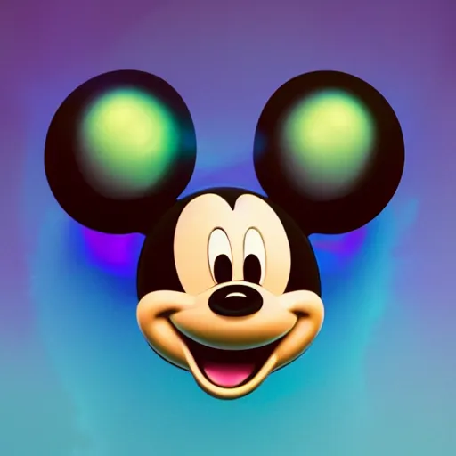 Image similar to mickey mouse head, fractal, broken, psychedelic, wet, mycelium, radiant alien, rococo, baroque, automotive, bio-mechanical, porcelain, iridescent, sub surface scattering, octane render