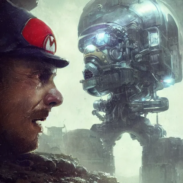 Image similar to a rugged engineer video game retro 8 0 s super mario with cybernetic enhancements, scifi character portrait by greg rutkowski, esuthio, craig mullins, 1 / 4 headshot, cinematic lighting, dystopian scifi gear, gloomy, profile picture, mechanical, half robot, implants, steampunk, gaming