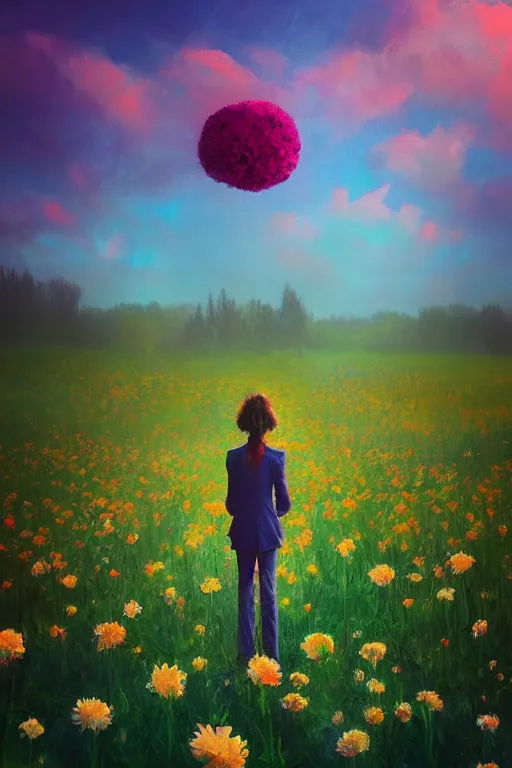 Image similar to closeup, giant flower head, girl in suit standing in a field of flowers, surreal photography, sunrise, blue sky, dramatic light, impressionist painting, digital painting, artstation, simon stalenhag