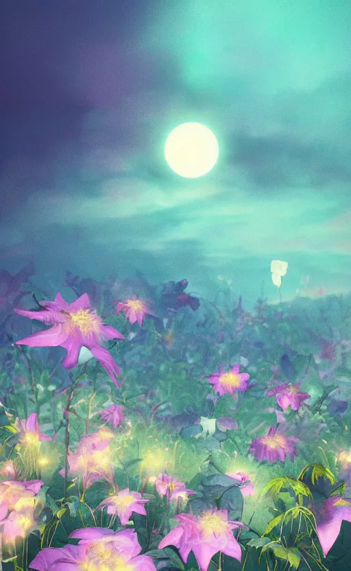 Prompt: surreal flowers under the moonlight, soft render, volumetric lighting, 3d grainy aesthetic illustration, editorial magazine cover