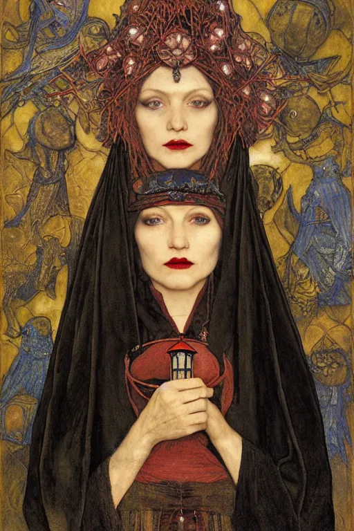 Image similar to portrait of the last goth witch with her lantern and regalia, by Annie Swynnerton and Nicholas Roerich and John Bauer and John William Godward and Donato Giancola and Vermeer, black leather and embroidered velvet, iridescent beetles, rich color, ornate headdress, flowing robes, lost runes, ancient civilizations, dramatic cinematic lighting, featured on Artstation, extremely detailed