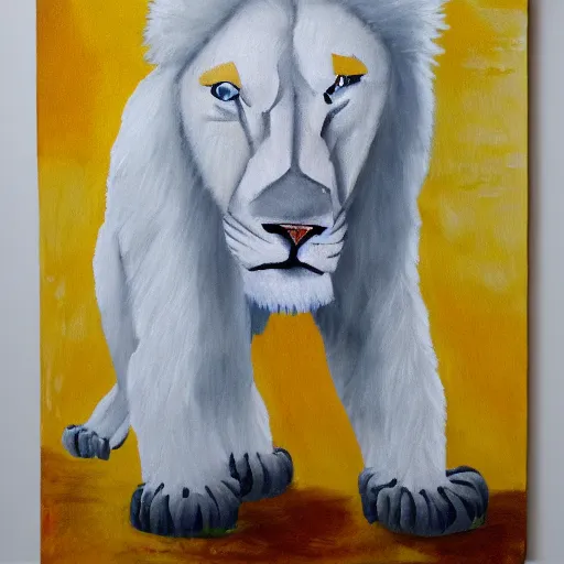 Prompt: abstract painting of albino white anthro lion wearing a coat