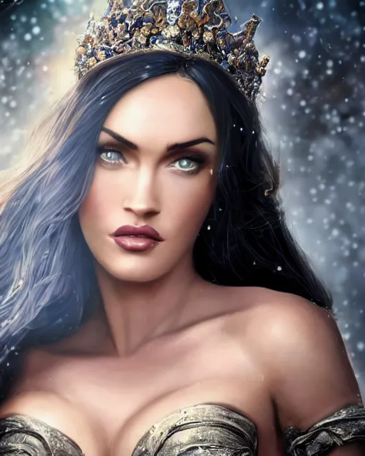 Image similar to 2 8 mm closeup portrait of very beautiful seductive megan fox cleric wearing a tiara made from dreams in a fantasy wonderland, glamour pose, long wind swept hair, ethereal, dreamy, backlit, highly detailed, realistic lighting, sharp focus, rule of thirds, artgerm, wlop, arney freytag, frank frazetta, hd, octane, 4 k,
