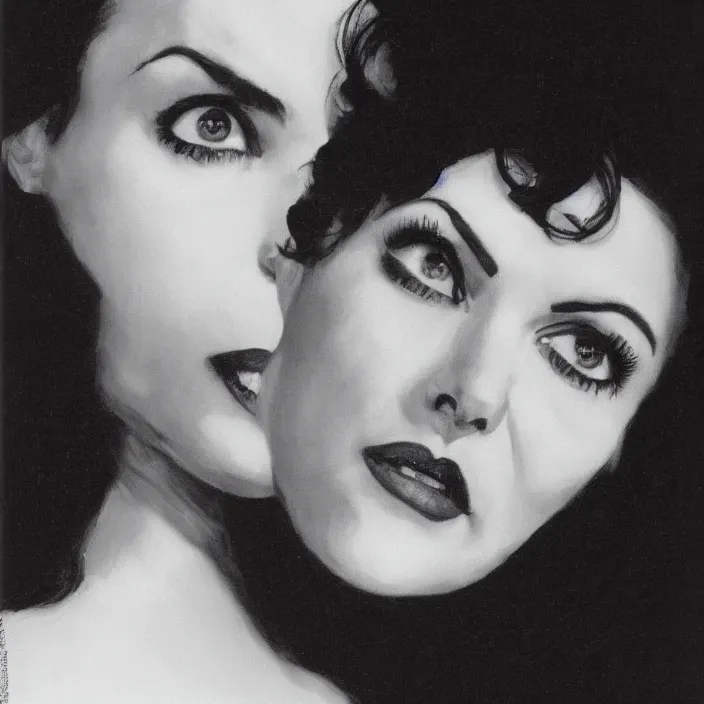 Prompt: a portrait of sherilyn fenn, slight smile, dramatic, detailed, dark, by angelo torres, by neale worley, by chuck close