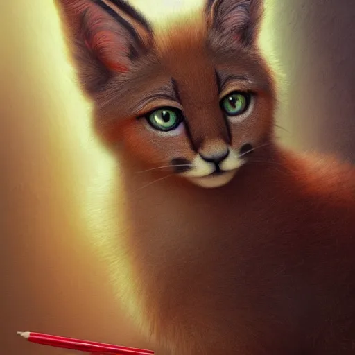 Image similar to sad cute fluffy caracal holding a red marker and pencil with paws, atmospheric lighting, intricate, volumetric lighting, digital art, highly detailed by gaston bussiere, craig mullins, j. c. leyendecker 8 k