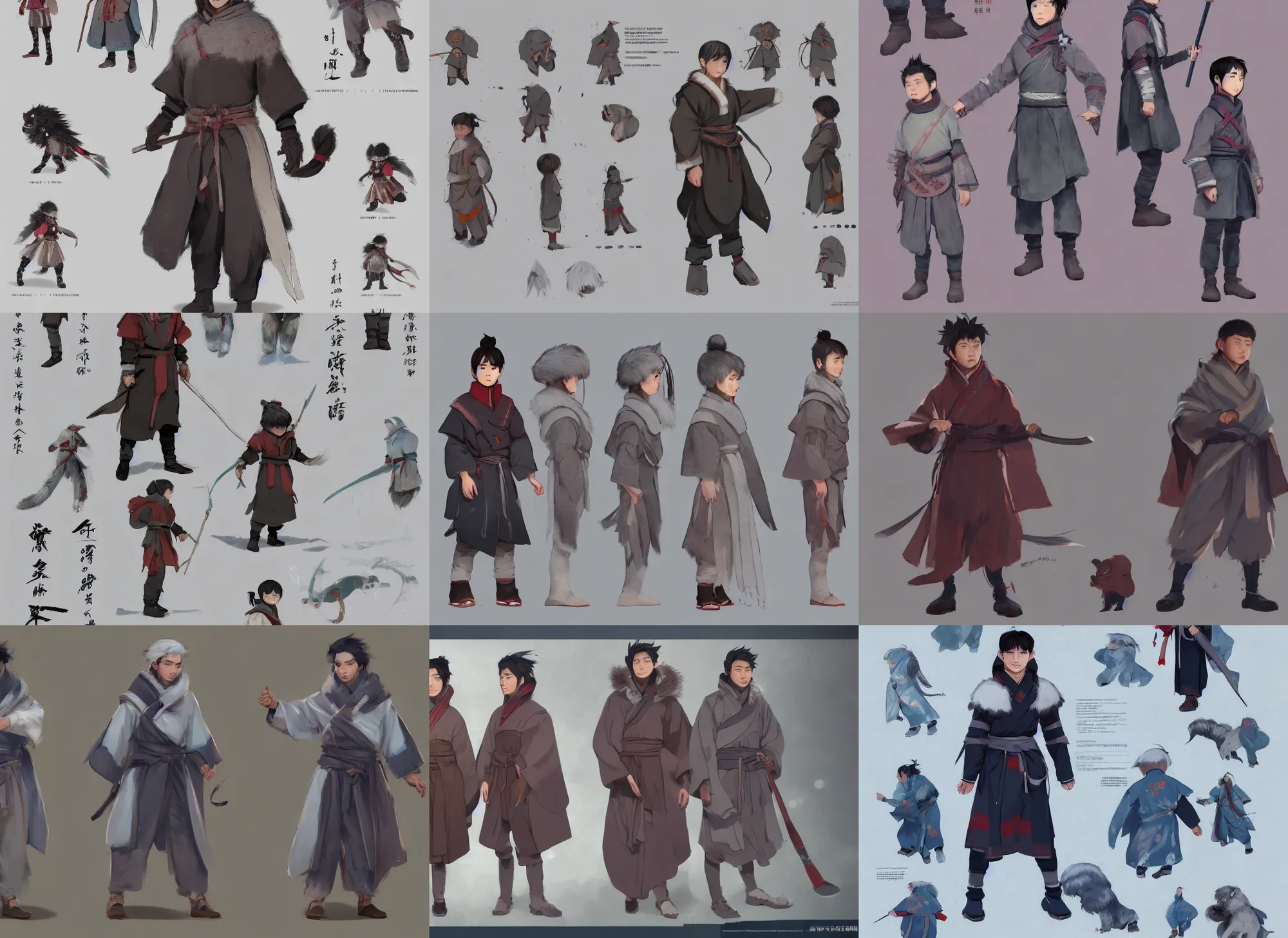 Prompt: character sheet for a cute wuxia style inuit boy, winter clothes has special pattern, dynamic color, for genshin impact by greg rutkowski, by studio ghibli, digital art, trending on artstation, hd, 8 k, highly detailed, good lighting, beautiful, masterpiece