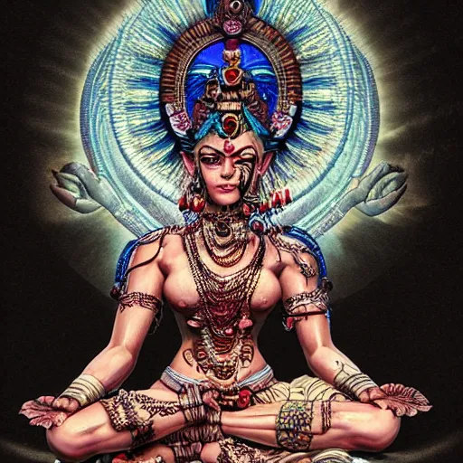 Image similar to kali goddess gadgetpunk warrior meditating in a beautiful place, perfect faces, fine details, studio lighting, subtle shadows, art by katsuya terada, photorealism, hyper realism, octane render