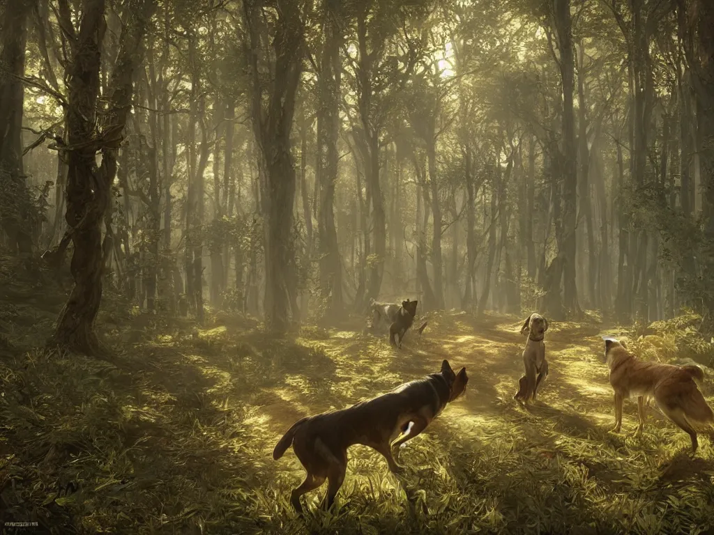 Image similar to dogs crossing empty forest, unreal engine 5, art by artgerm and greg rutkowski and alphonse mucha, global illumination, detailed and intricate environment, hyperrealistic, volumetric lighting, epic cinematic shot, perfectly defined features, ambient occlusion