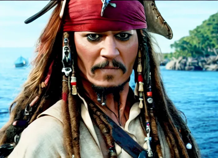 Image similar to film still of john cena as captain jack sparrow in the new pirates of the carribean movie, 4 k