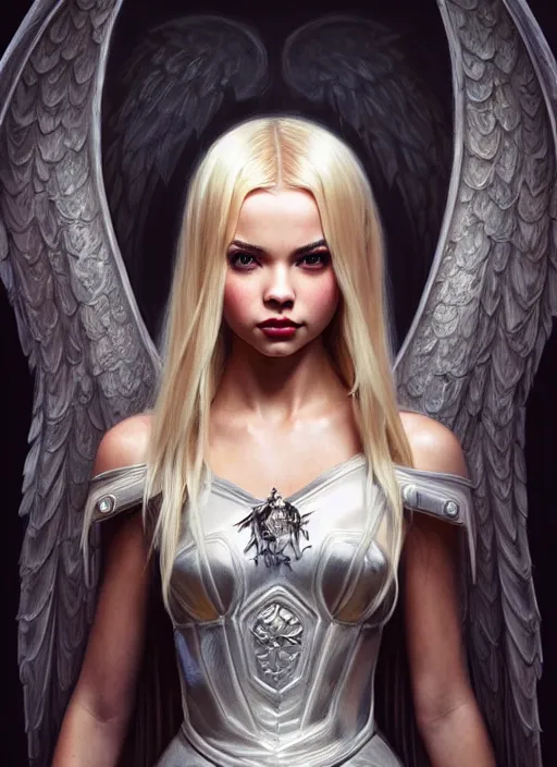 Image similar to ultra realistic illustration, a stunningly beautiful angel knight gothic girl played by jordyn jones and dove cameron and margot robbie and taylor swift and megan fox, intricate, elegant, highly detailed, digital painting, artstation, concept art, smooth, sharp focus, illustration, art by artgerm and greg rutkowski and alphonse mucha