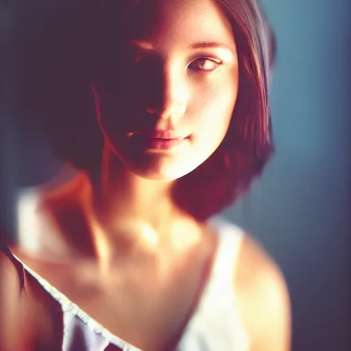 Prompt: professional studio portrait of a very beautiful young woman, lens flare, glow filter, dramatic lighting, cinematic, 5 0 mm f 1. 4 fuji 4 0 0 h