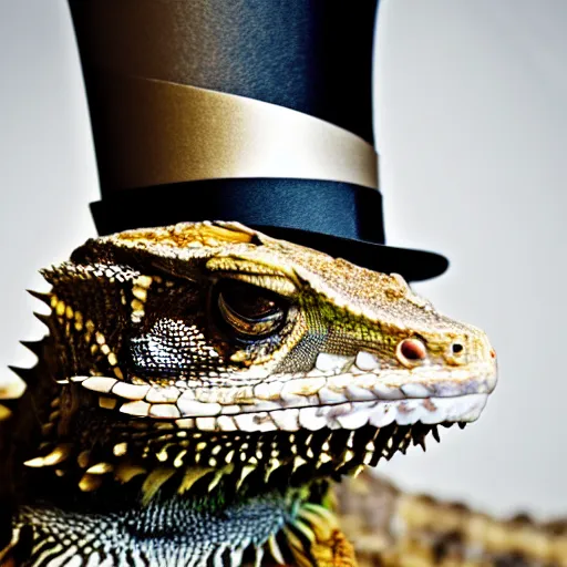 Image similar to dslr portrait still of a bearded dragon wearing a top hat and neck tie 8 k 8 5 mm f 1. 4