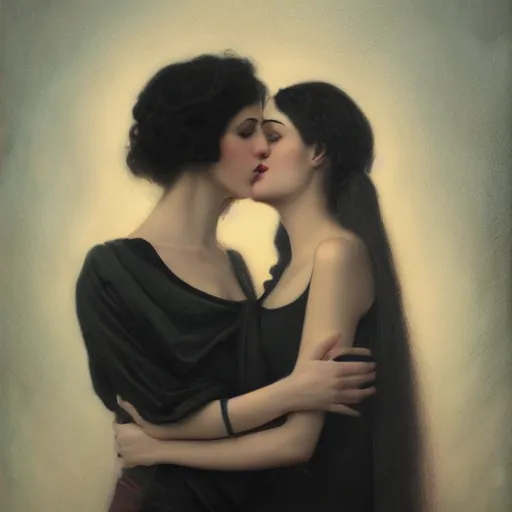 Prompt: a portrait of two women kissing in the style of tom bagshaw