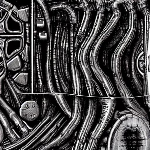 Image similar to a stream of water entering a machine made from organs and producing a coin in the style of H R Giger, 8k