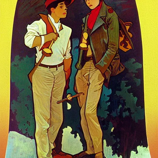 Prompt: a painting of three male teenagers with rockabilly attire holding yellow popsicle and looking at women in the streets by alphonse mucha