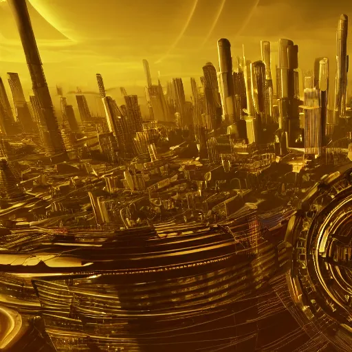 Prompt: A highly-detailed city skyline on a Halo Ring, Cyberpunk, modernism, industrial, Inspired by Douglas Trumbull, 4k