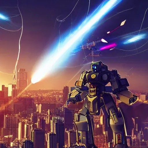 Prompt: A highly detailed photo of a giant futuristic mech launching missiles and firing lasers in a city