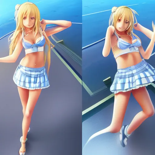 Image similar to full body shot : a very beautiful young blond tennis anime girl, most popular girl sky blue eyes,, bikini, miniskirt, highly detailed, cinematic wallpaper by stanley artgerm lau