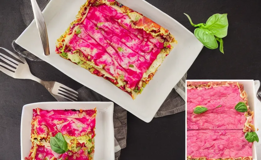 Image similar to pink lasagna, food photography, outdoors