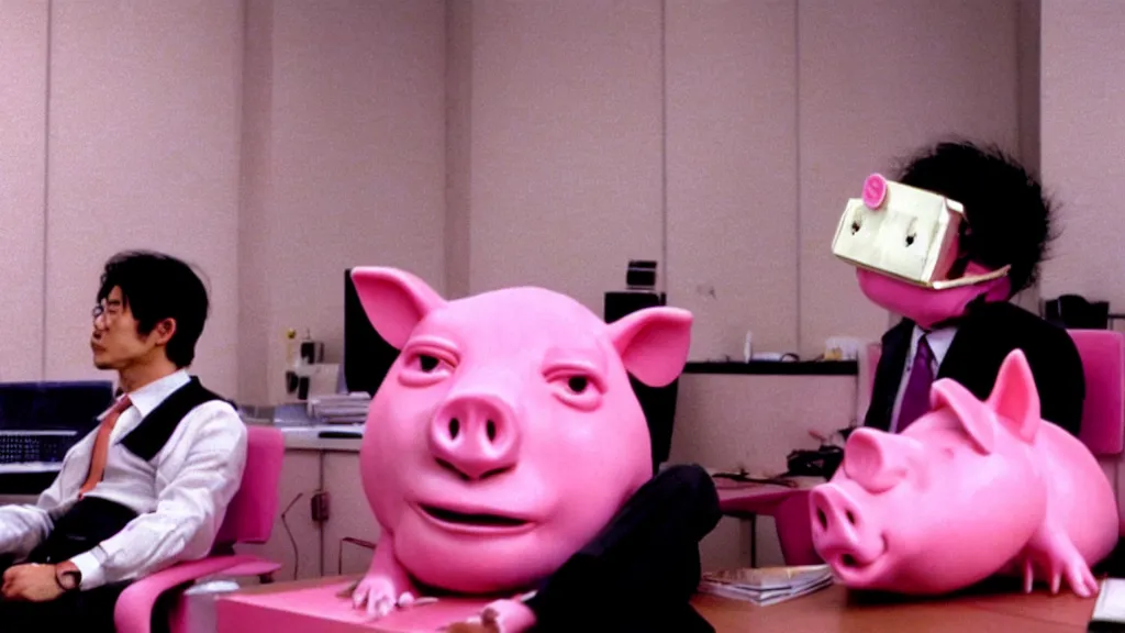 Prompt: a man wearing a pink suit and a pink pig mask sitting in an office, film still from the an anime directed by Katsuhiro Otomo with art direction by Salvador Dalí, wide lens