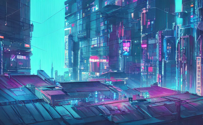 Prompt: pitch, cyberpunk, rooftop, teal neon lights, highly detailed, digital painting, artstation, concept art, sharp focus, illustration