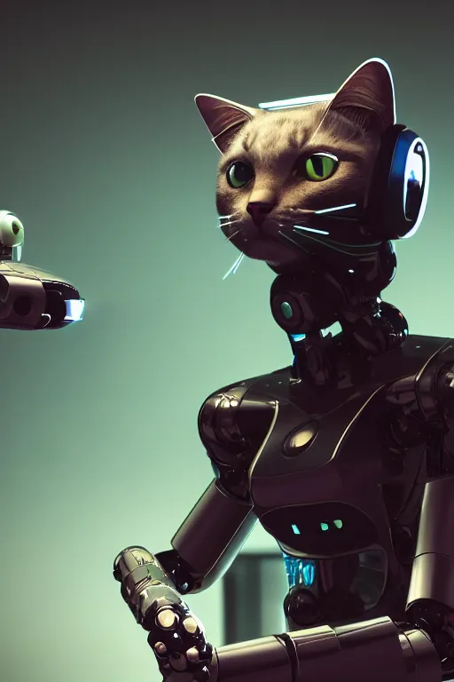 Image similar to robotic cat with a computer mouse in his mouth. cinematic, cyberpunk, digital art, blender, octane render, volumetric lighting, 8 k, detailed, trending on artstation