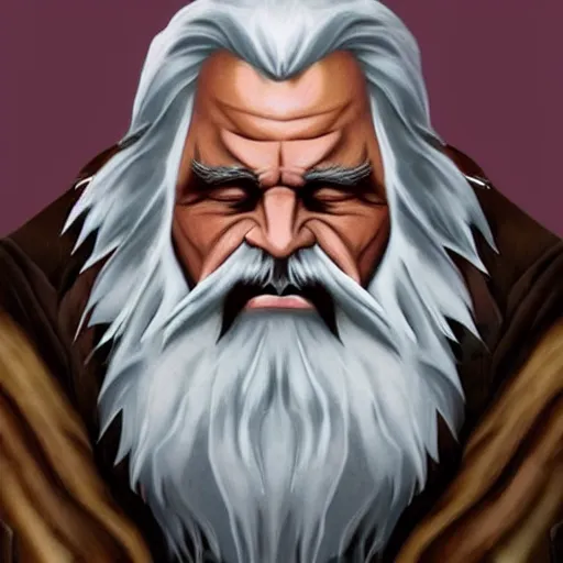 Image similar to concept art of old angry dwarf with white beard and hair, wearing wolf pelt, with runic geometry face tattoos