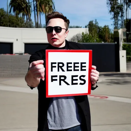 Image similar to Elon Musk holding a sign saying Free Teslas, highly detailed, high quality, HD, 4k, 8k, Canon 300mm, professional photographer, 40mp, lifelike, top-rated, award winning, realistic, sharp, no blur, edited, corrected, trending